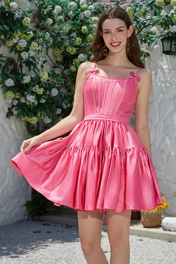 Snygga A-Linje Spaghettiband Fuchsia Kort Homecoming Klänning med Bowknot